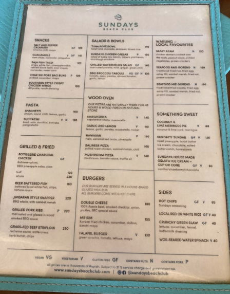 sundays beach club menu